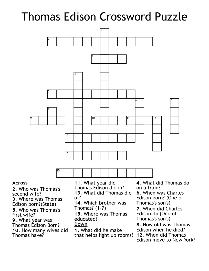 Thomas Edison Crossword Puzzle