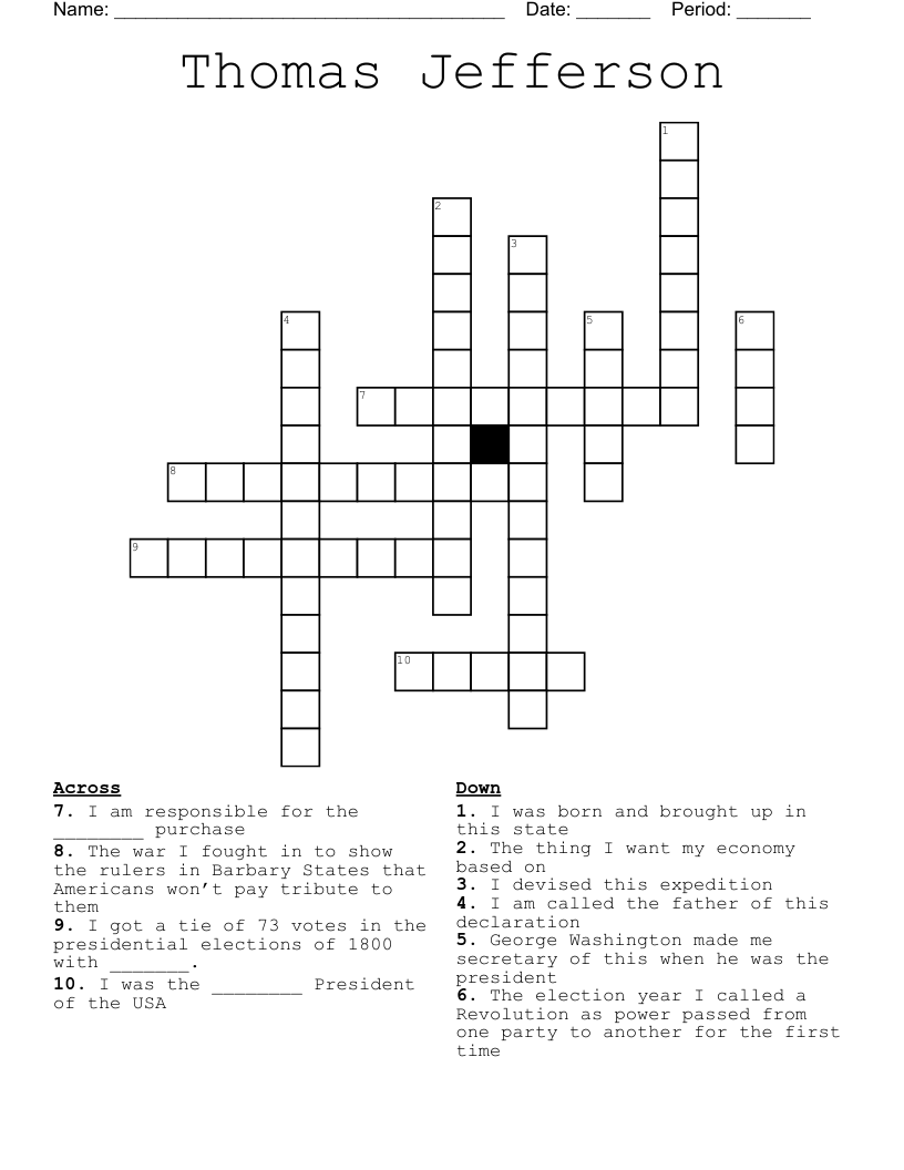 Thomas Jefferson Crossword