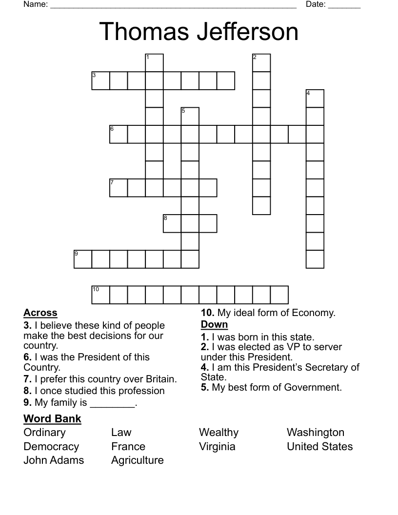 Thomas Jefferson Crossword