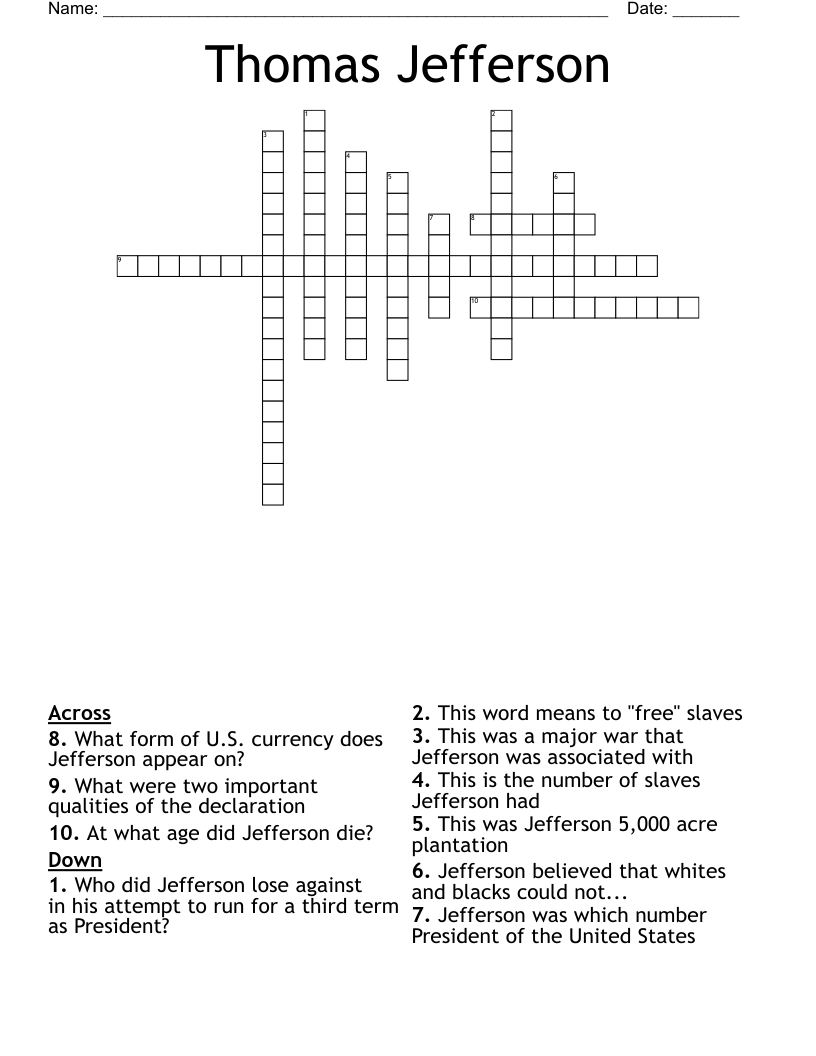 Thomas Jefferson Crossword