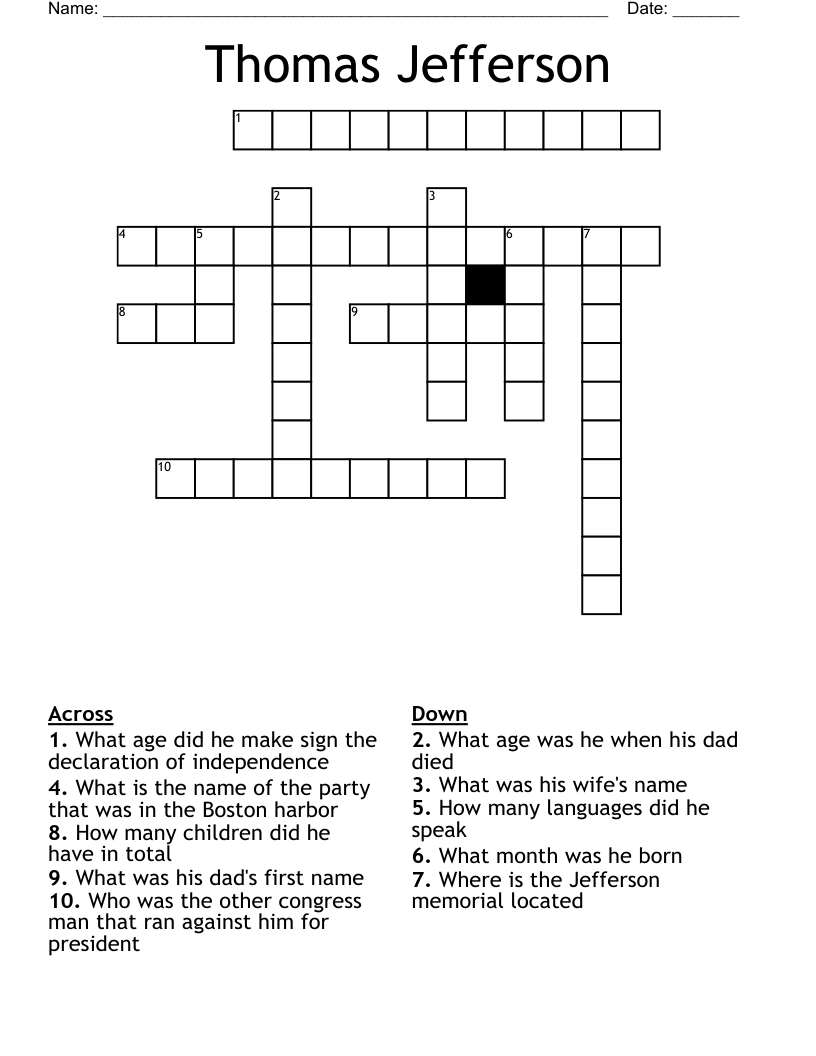 Thomas Jefferson Crossword