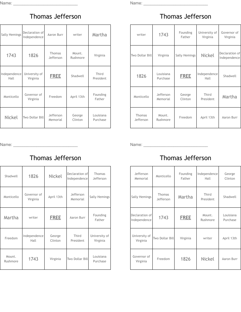 Thomas Jefferson Bingo Cards