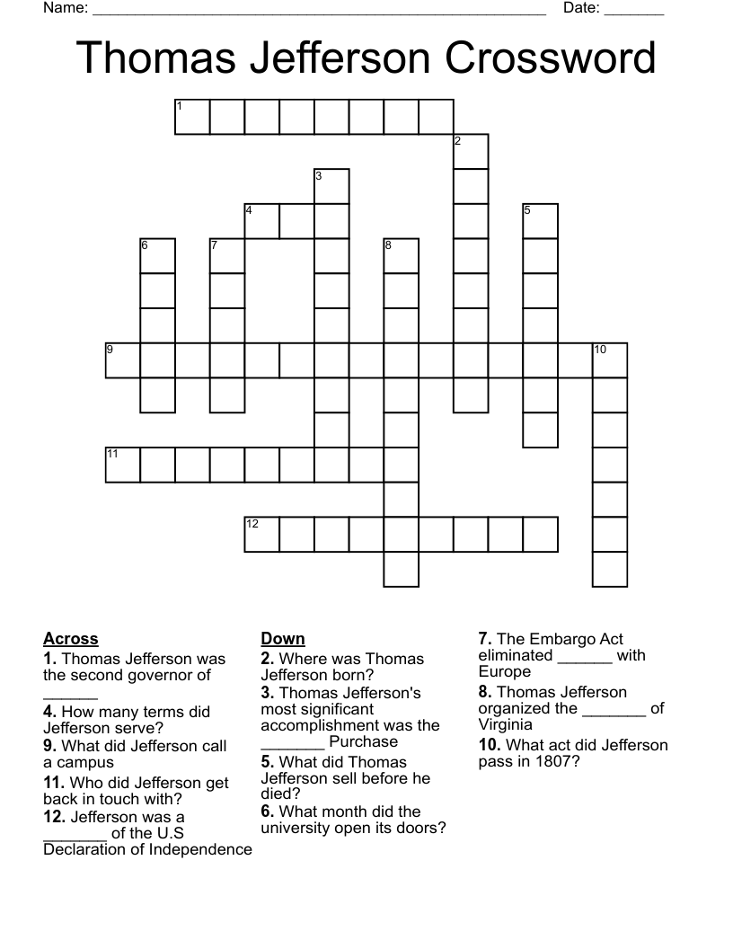 Thomas Jefferson Crossword