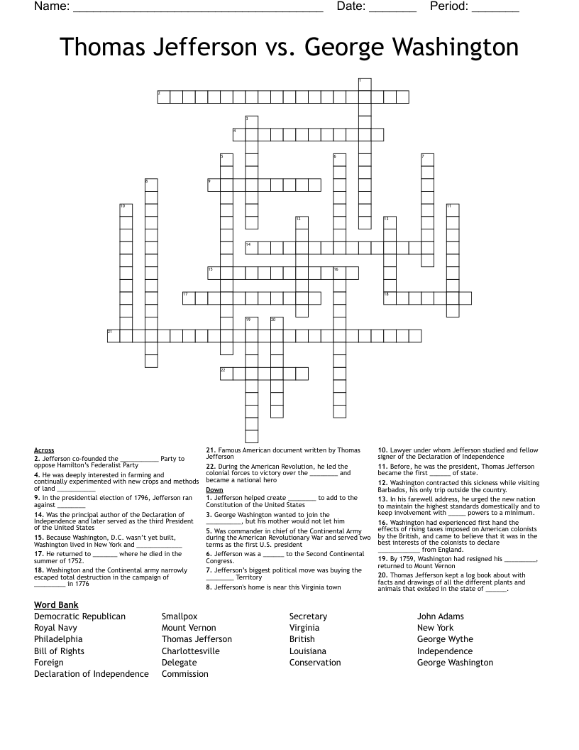 Thomas Jefferson vs. George Washington Crossword