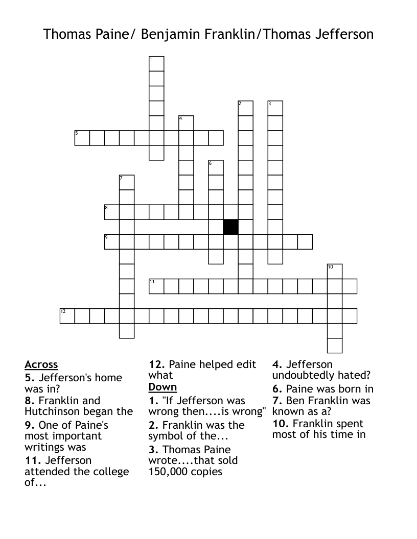 Thomas Paine/ Benjamin Franklin/Thomas Jefferson Crossword