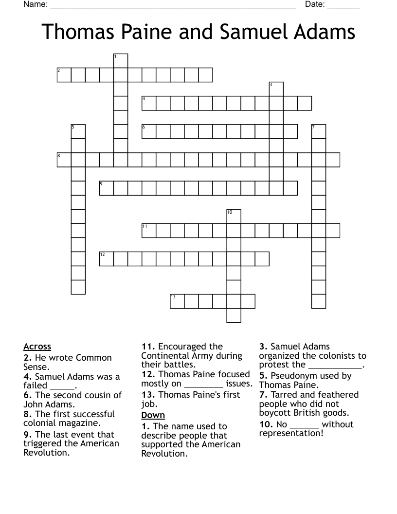Thomas Paine and Samuel Adams Crossword