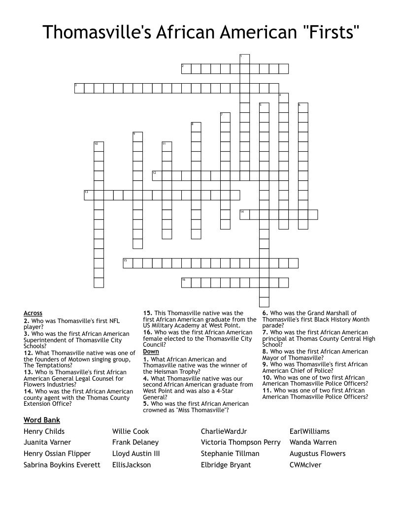 Thomasville's African American "Firsts" Crossword