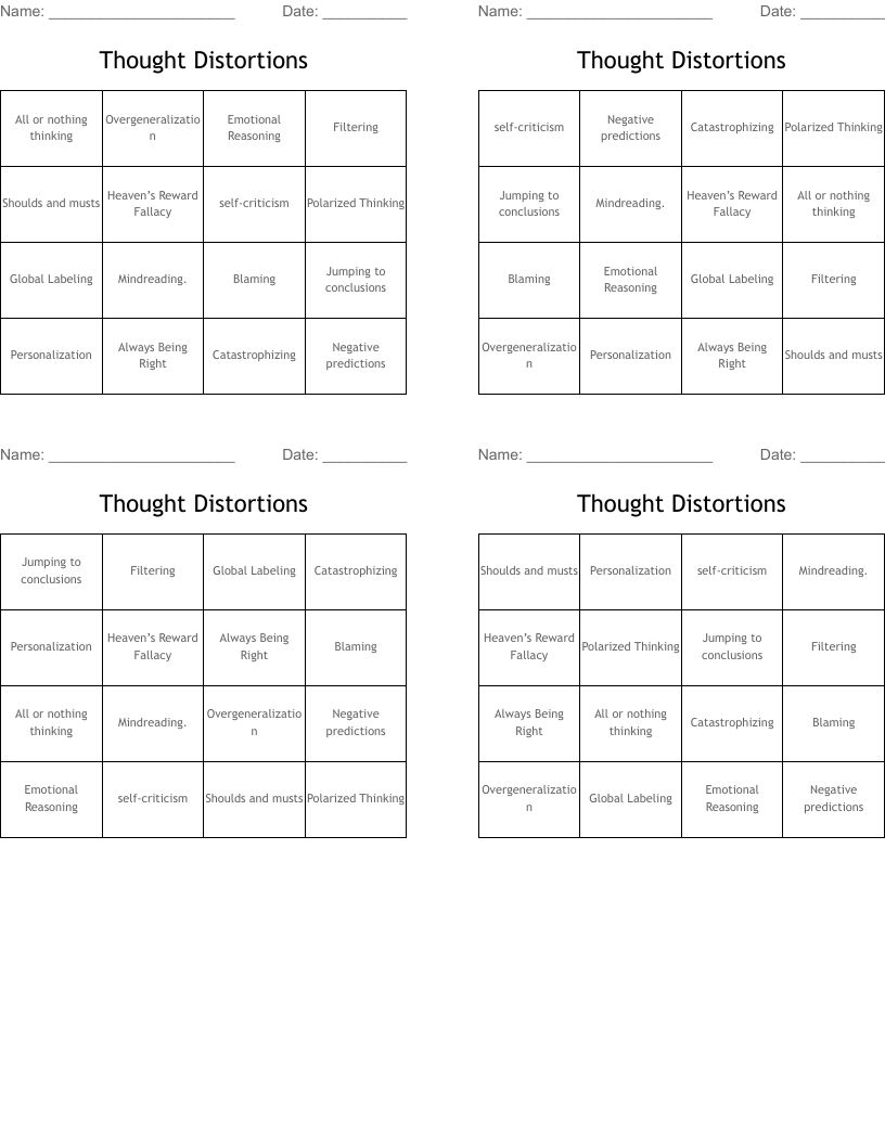 Thought Distortions  Bingo Cards
