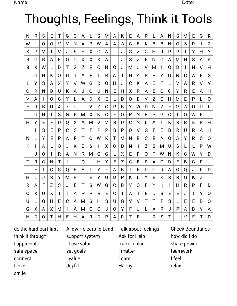 Thoughts, Feelings, Think it Tools Word Search