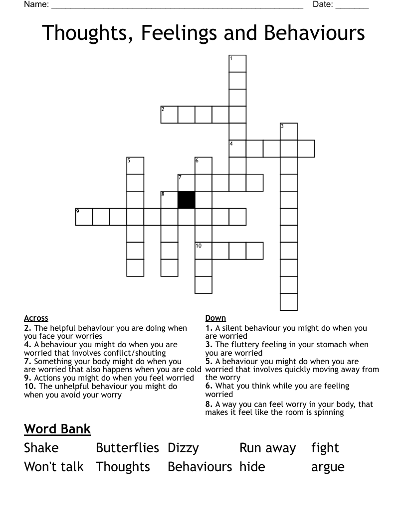 Thoughts, Feelings and Behaviours Crossword