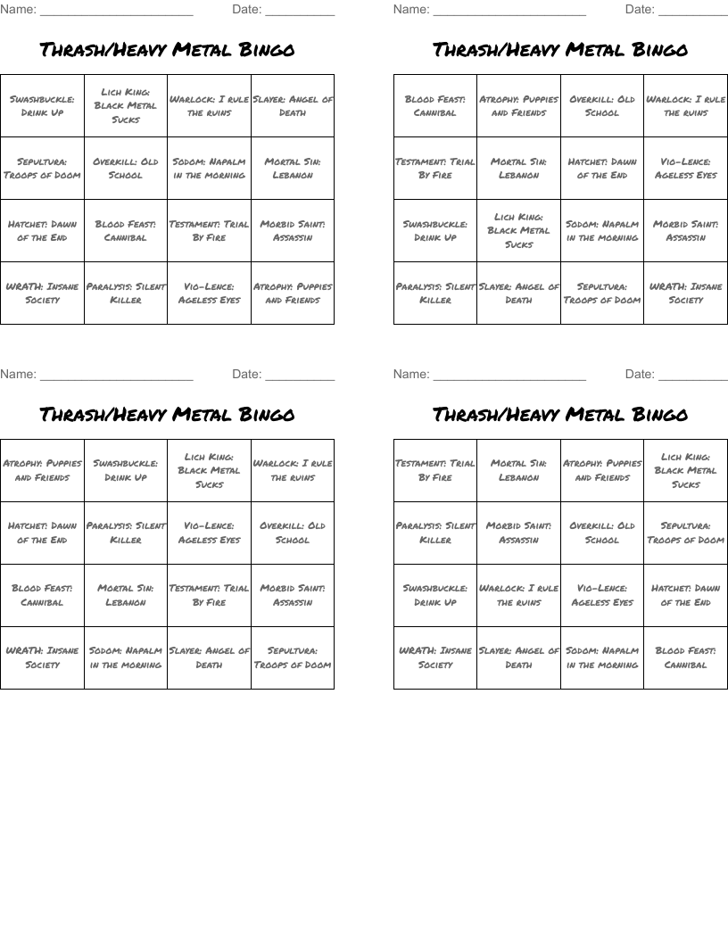 Thrash/Heavy Metal Bingo