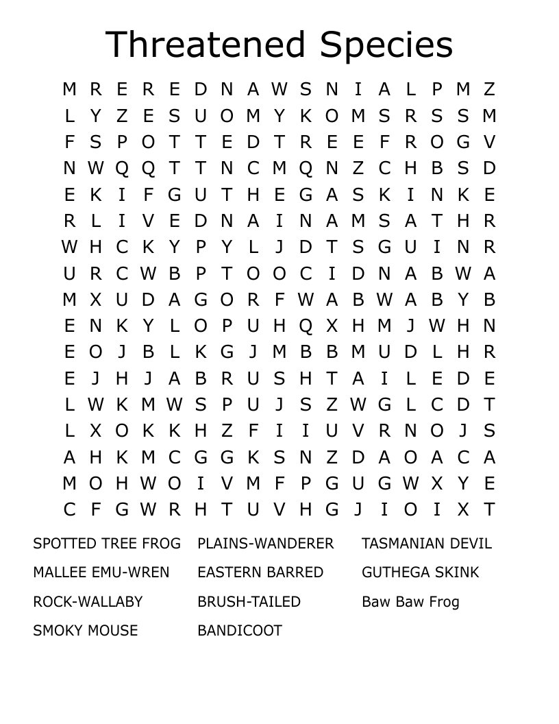Threatened Species Word Search