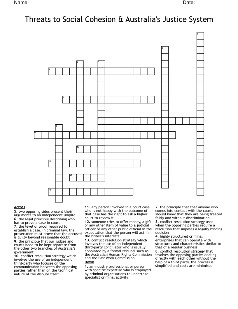 Threats to Social Cohesion & Australia's Justice System Crossword