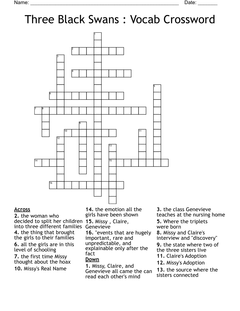 Three Black Swans : Vocab Crossword