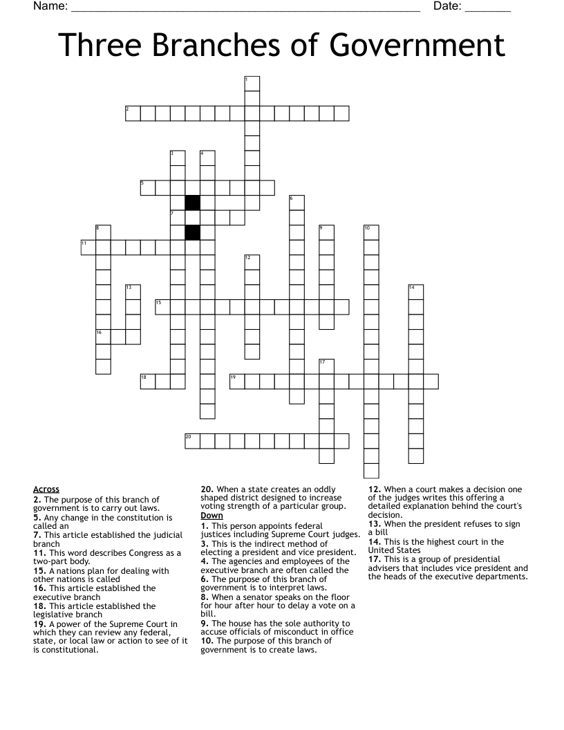 Three Branches of Government Crossword