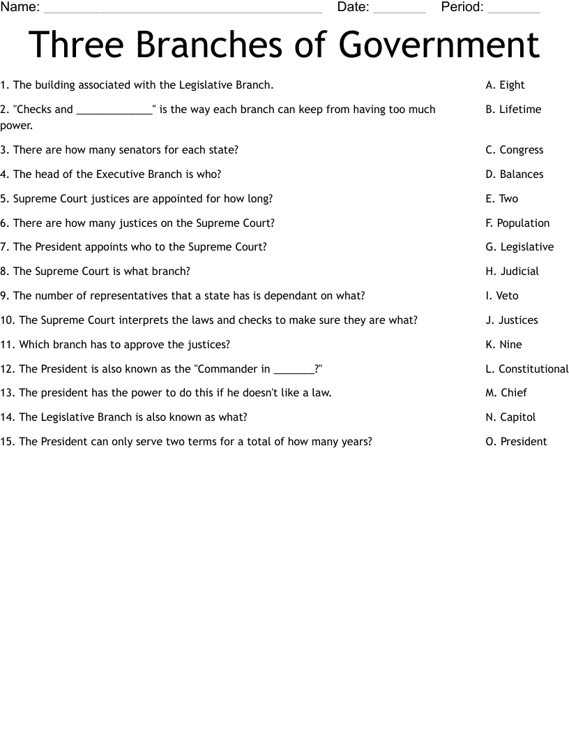 Three Branches of Government Worksheet