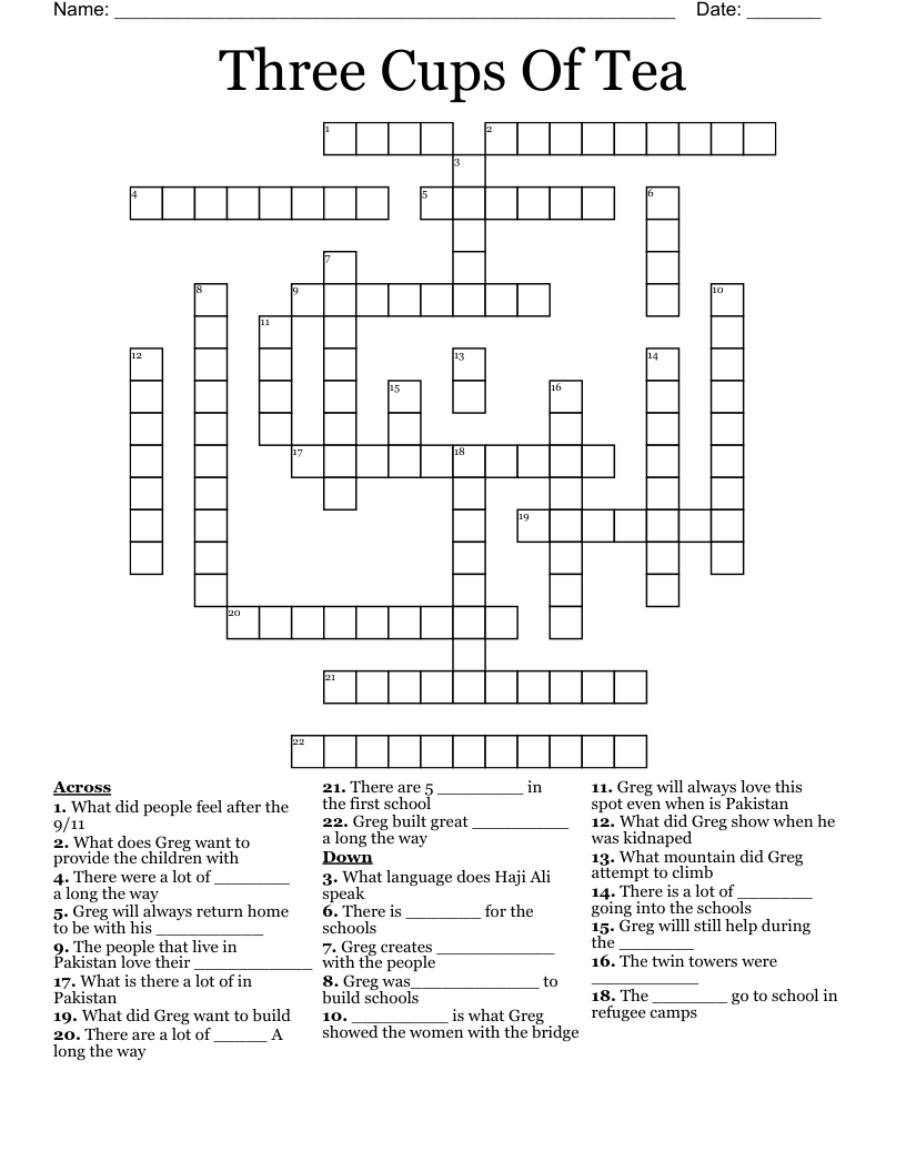 Three Cups Of Tea Crossword