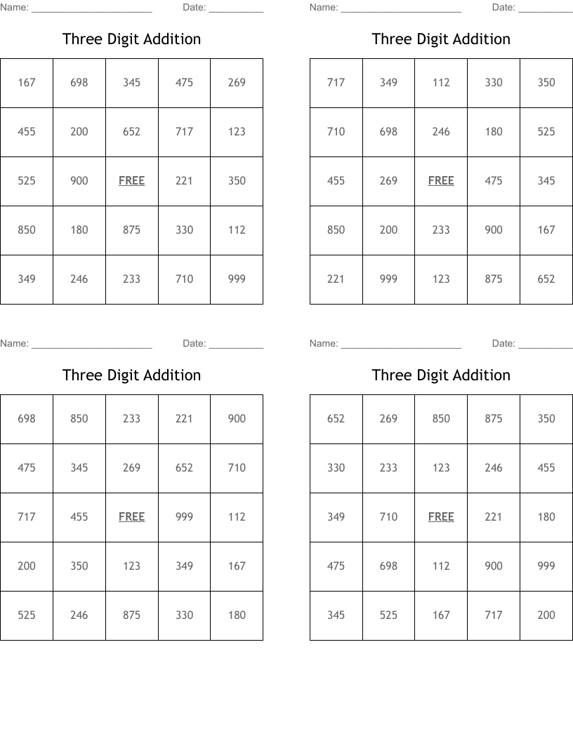 Three Digit Addition Bingo Cards