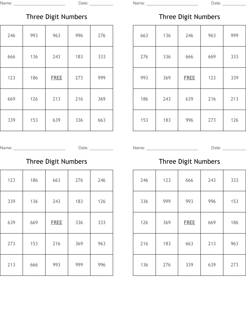Three Digit Numbers Bingo Cards