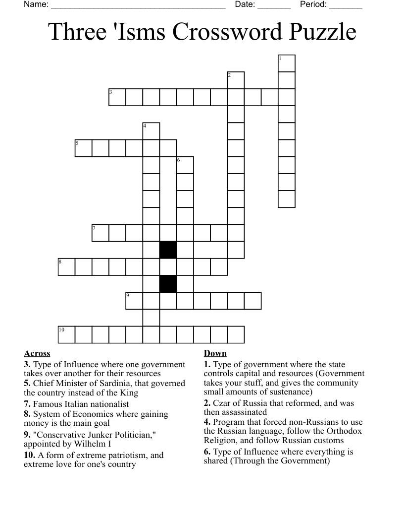 Three 'Isms Crossword Puzzle