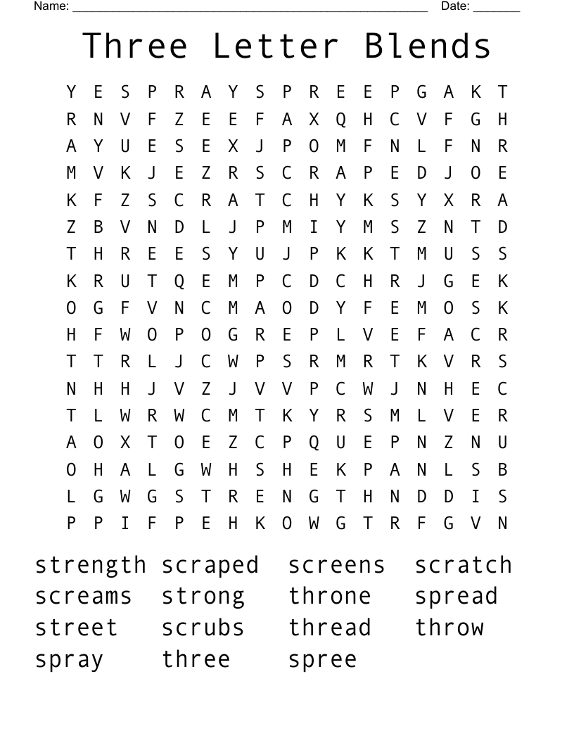 Three Letter Blends Word Search