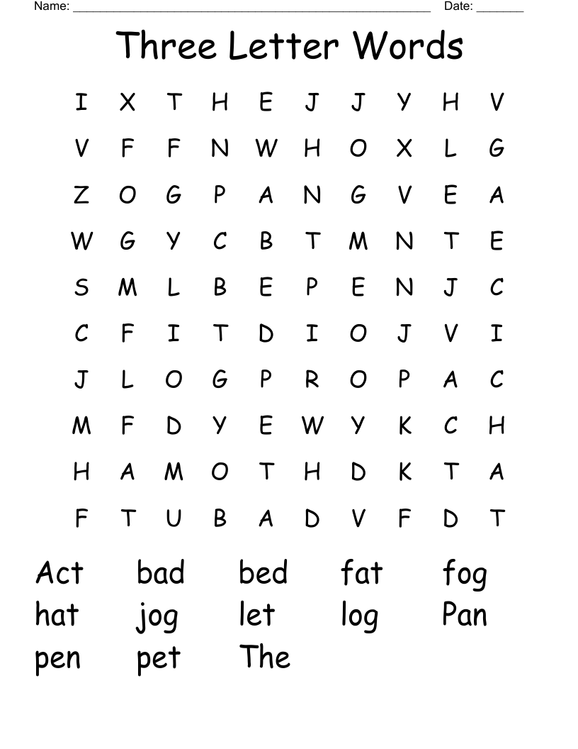 Three Letter Words Word Search