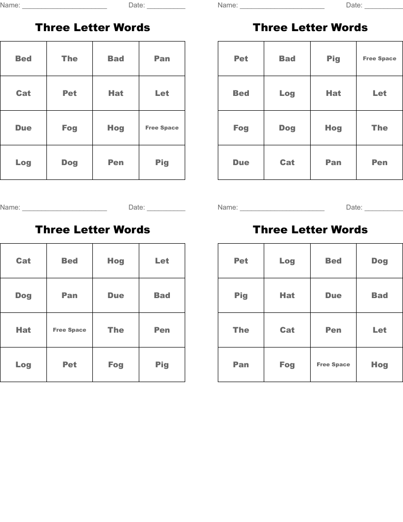Three Letter Words Bingo Cards