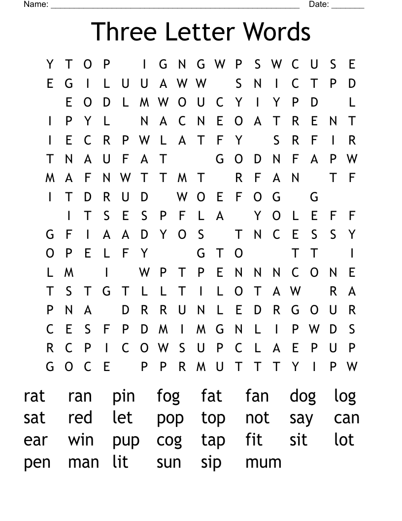 Three Letter Words Word Search