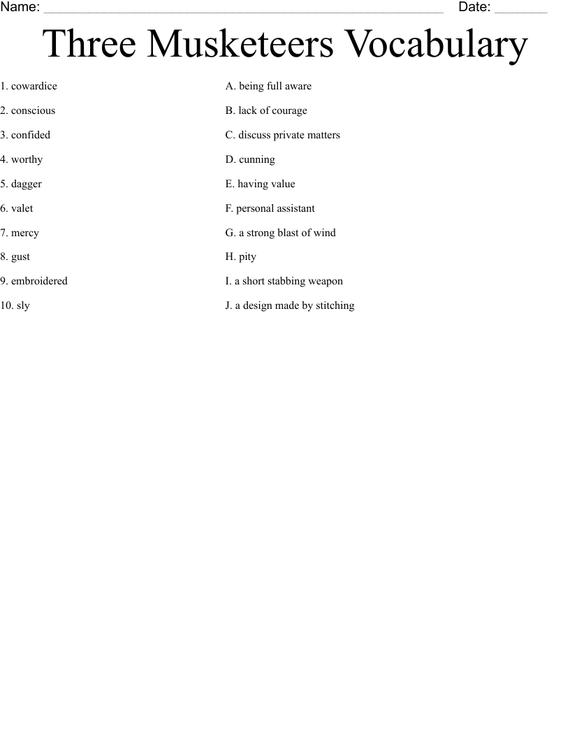 Three Musketeers Vocabulary Worksheet