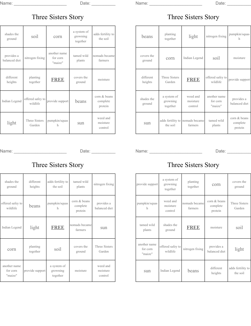 Three Sisters Story Bingo Cards