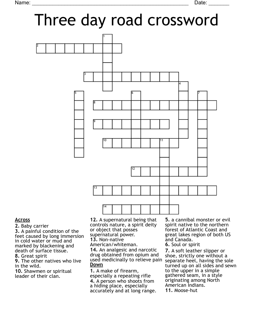 Three day road crossword 