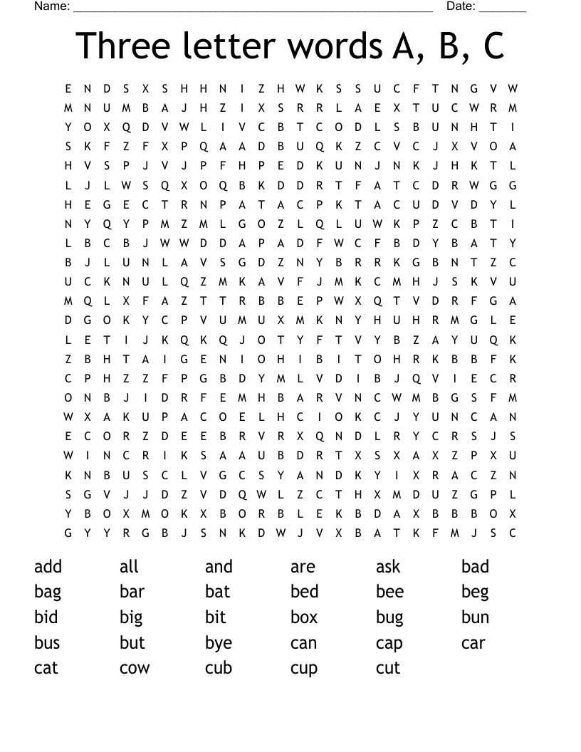 Three letter words A, B, C Word Search