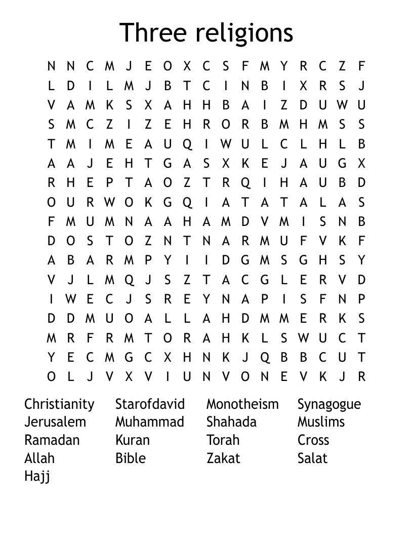 Three religions Word Search