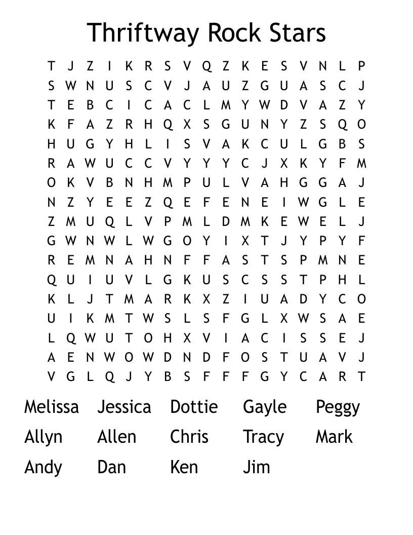 Thriftway Rock Stars Word Search