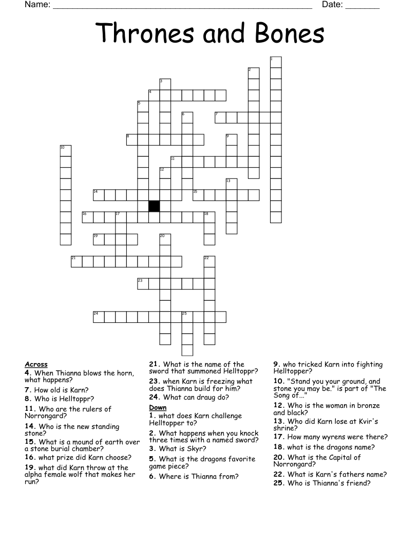 Thrones and Bones Crossword