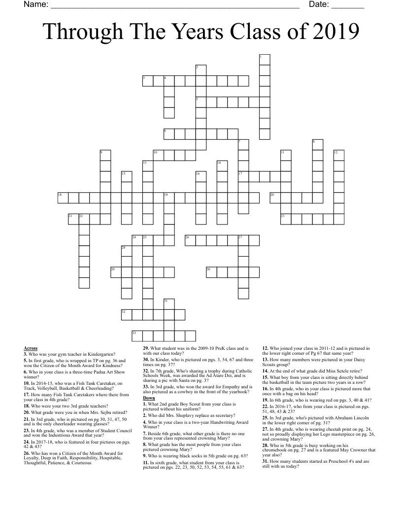 Through The Years Class of 2019 Crossword