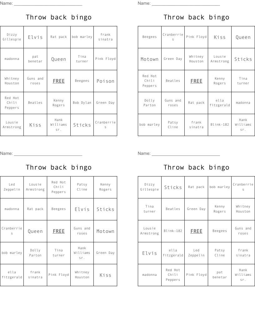 Throw back bingo 