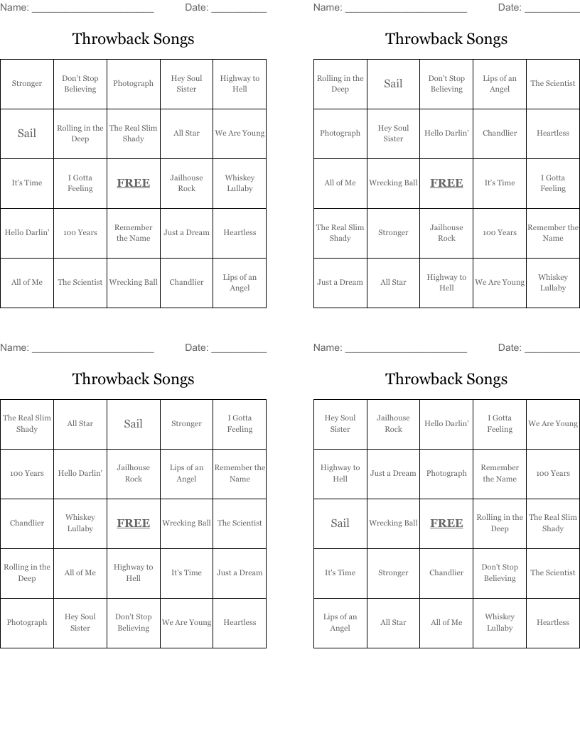 Throwback Songs Bingo Cards