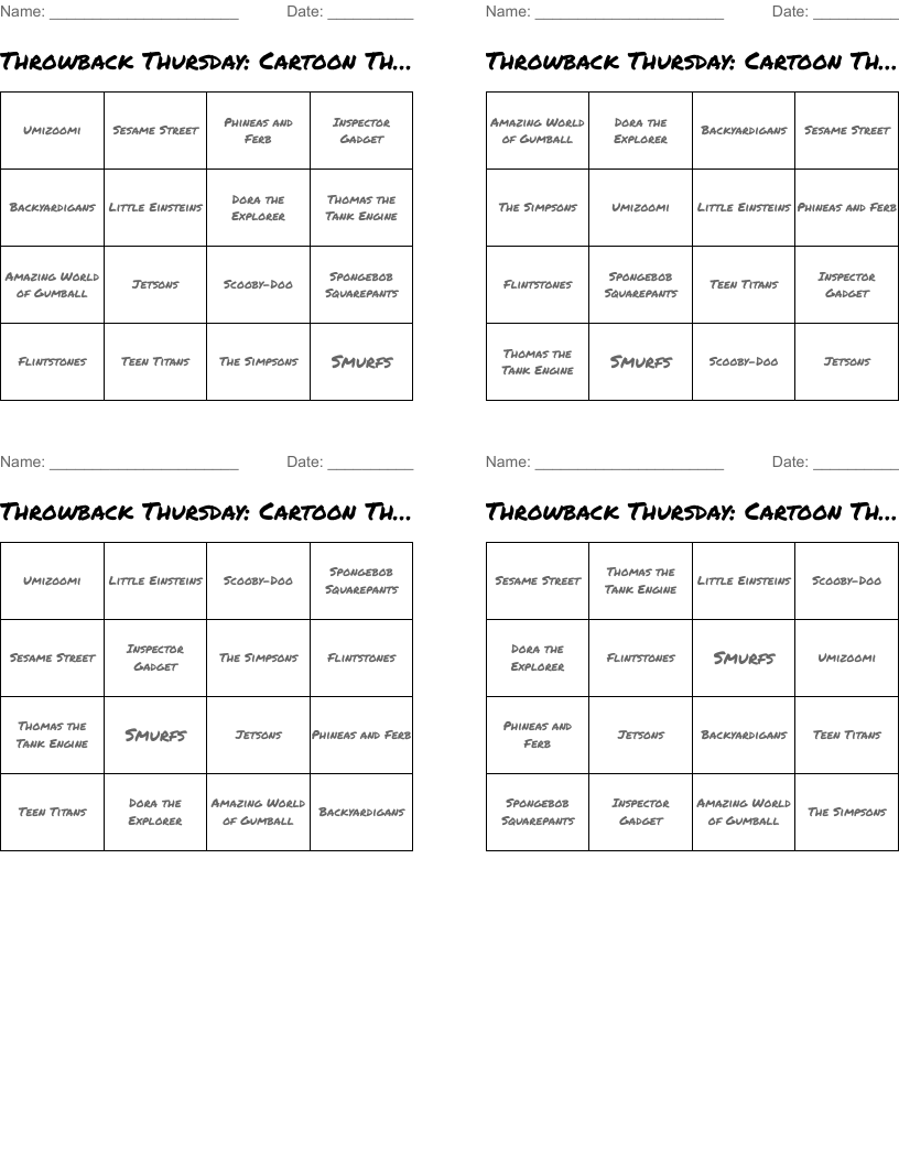 Throwback Thursday: Cartoon Themes Bingo Cards