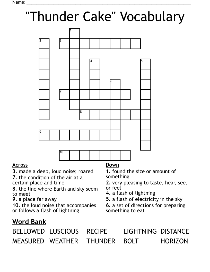 "Thunder Cake" Vocabulary Crossword