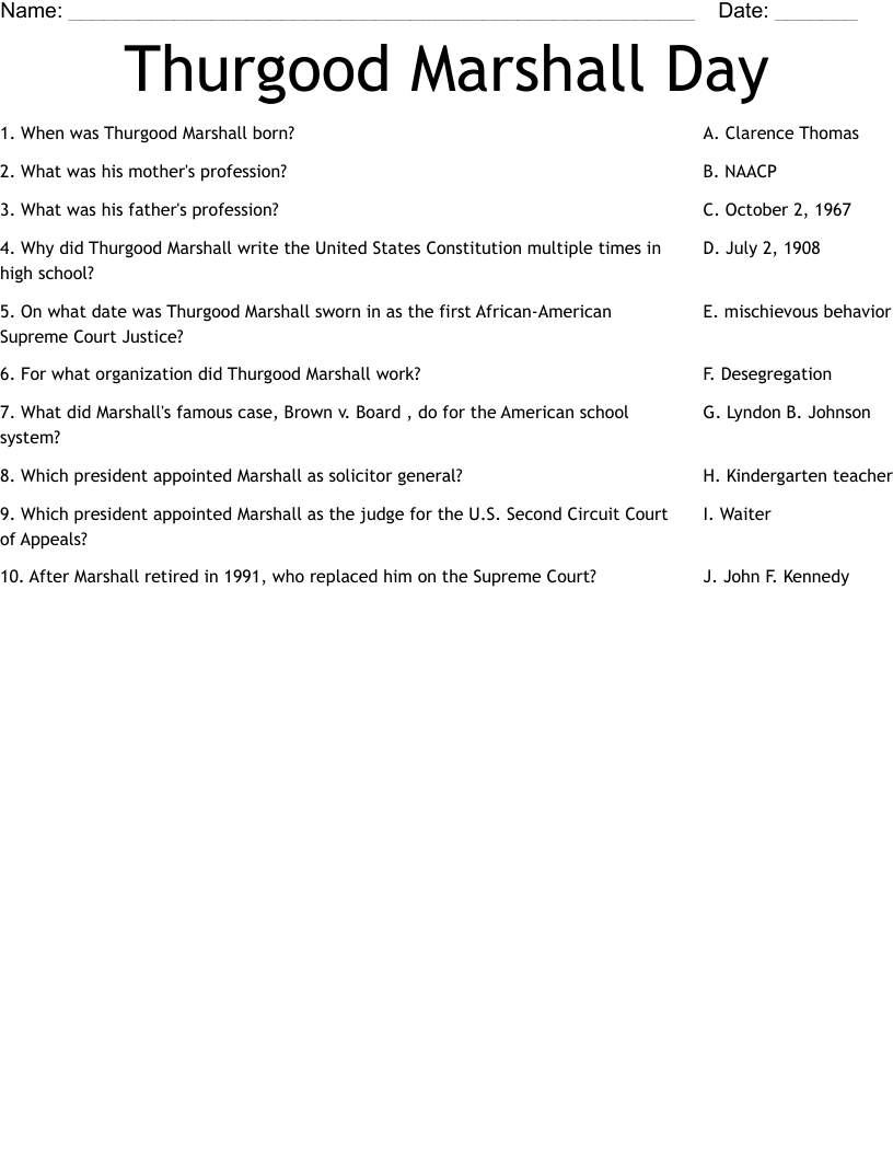 Thurgood Marshall Day Worksheet