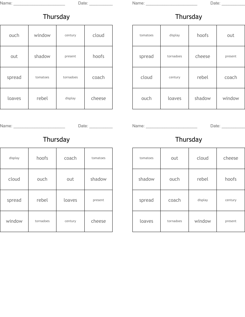 Thursday Bingo Cards