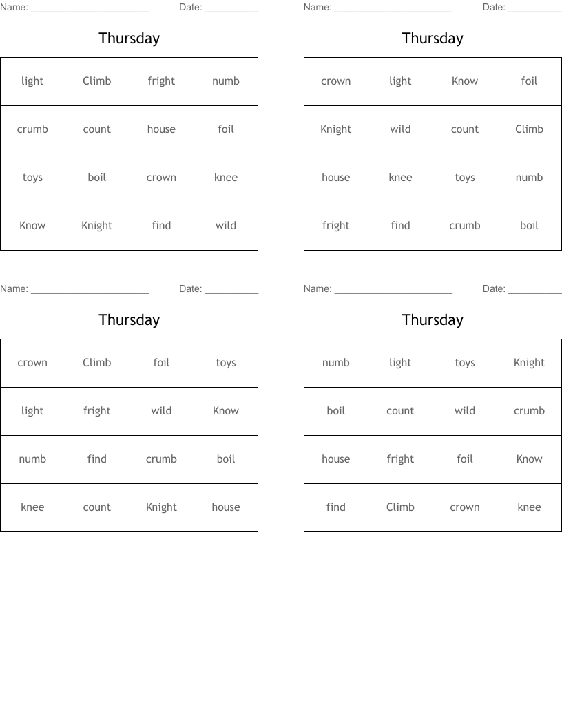 Thursday Bingo Cards