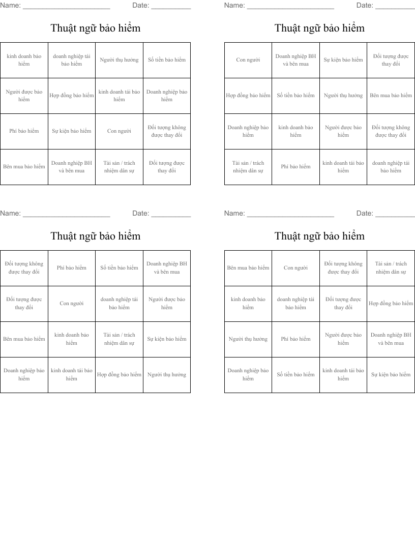 Thuật ngữ bảo hiểm Bingo Cards