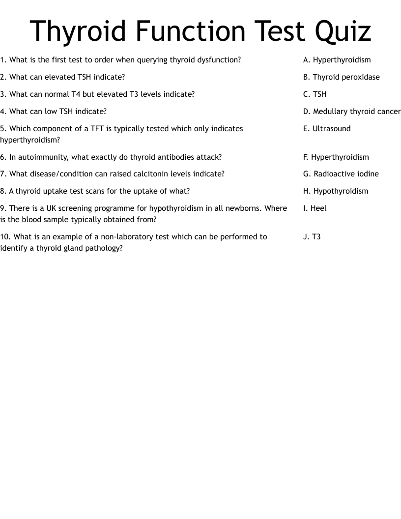 Thyroid Function Test Quiz Worksheet