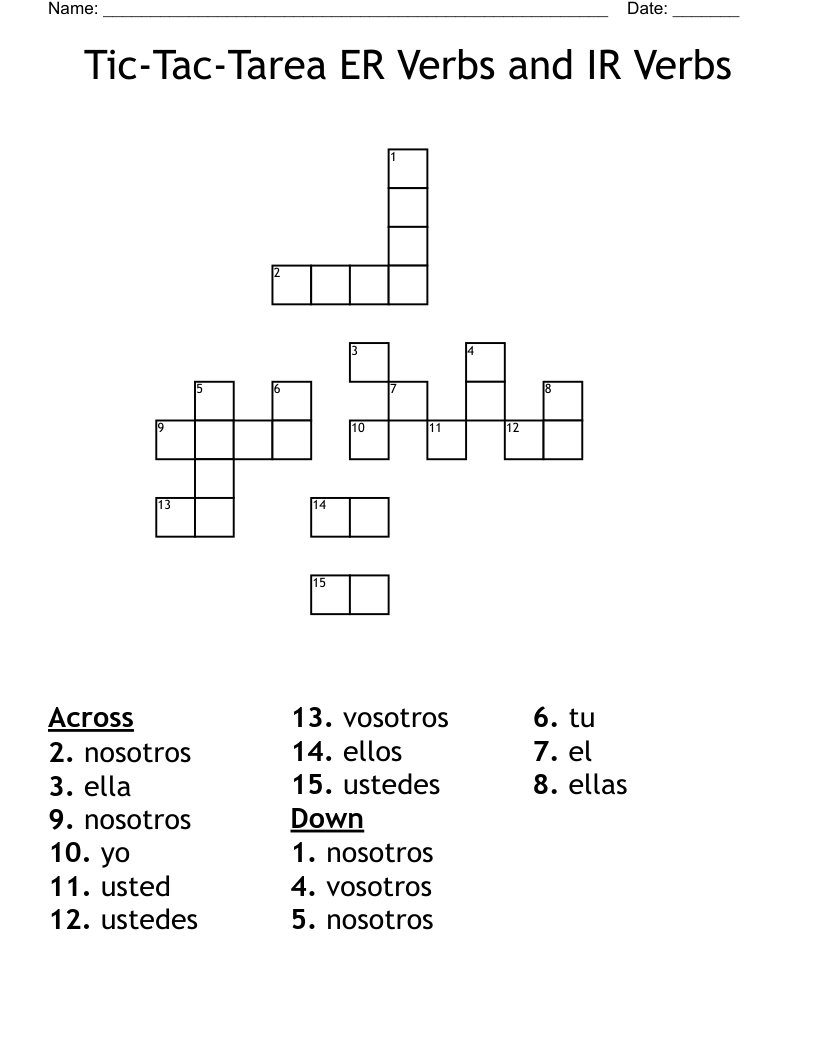 Tic-Tac-Tarea ER Verbs and IR Verbs Crossword