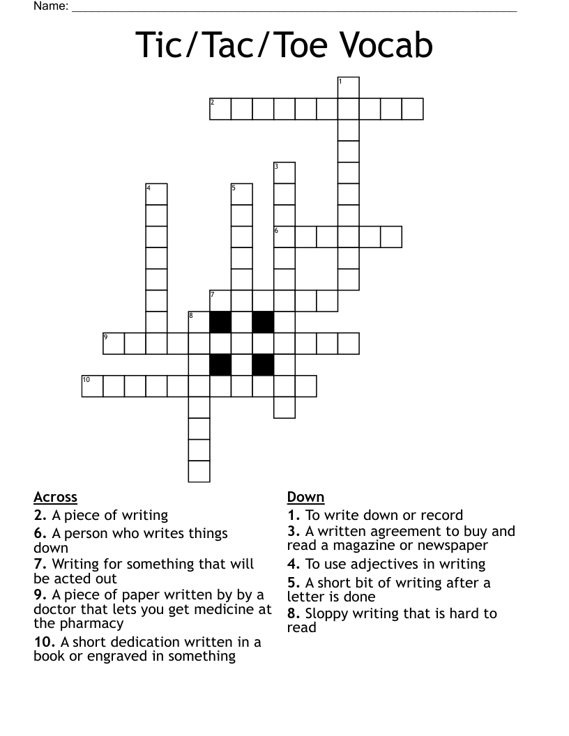 Tic/Tac/Toe Vocab Crossword