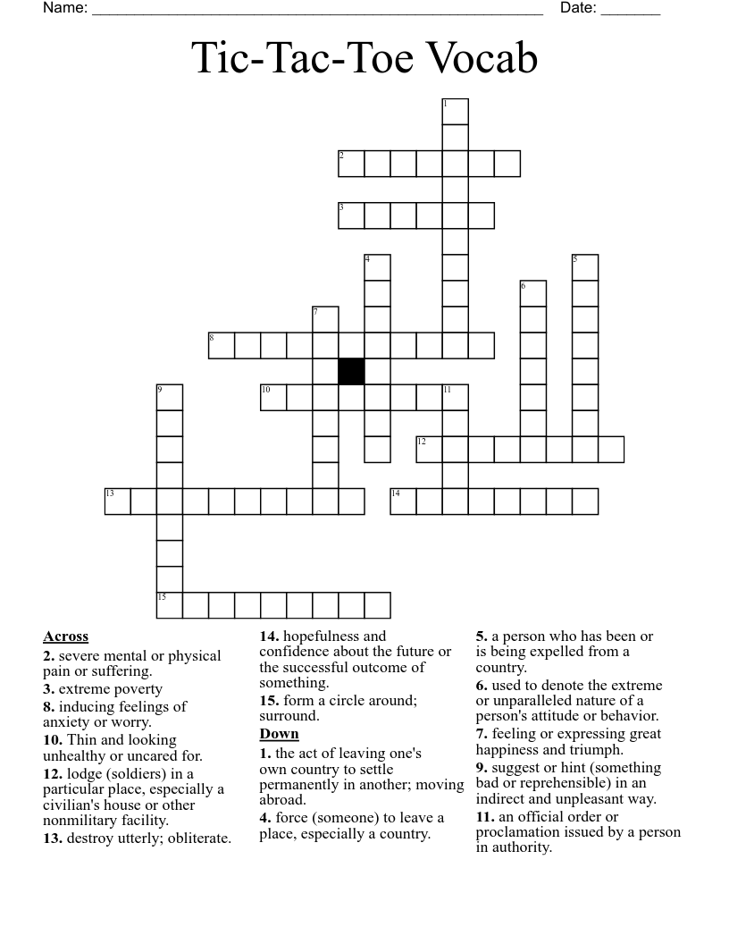 Tic-Tac-Toe Vocab Crossword