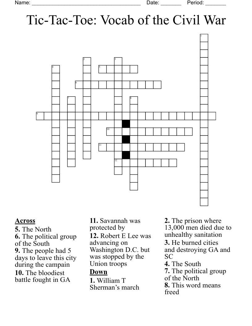 Tic-Tac-Toe: Vocab of the Civil War Crossword