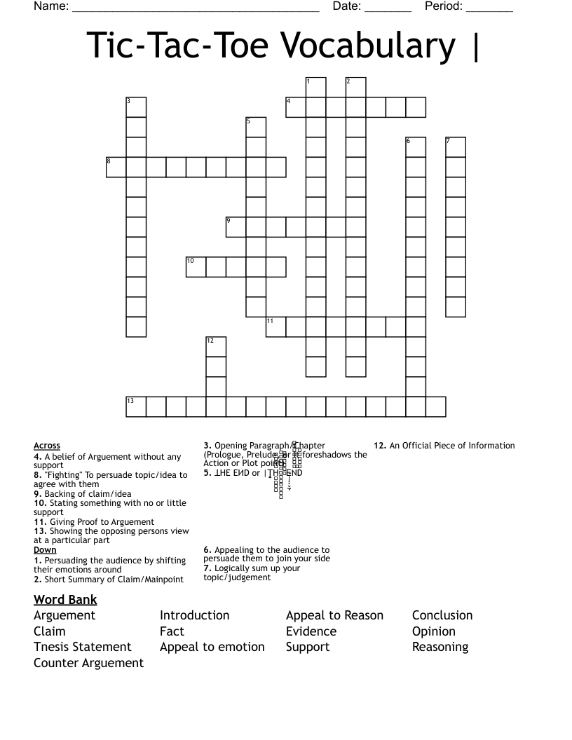 Tic-Tac-Toe Vocabulary  | Crossword